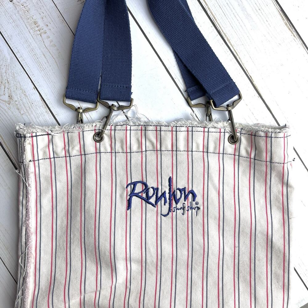 Ron Jon Surf Shop Canvas Tote Beach Bag Baseball Nautical Stripe Raw Hem Handles